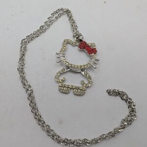Hello Kitty Silver Rhinestone Necklace with Red Bow